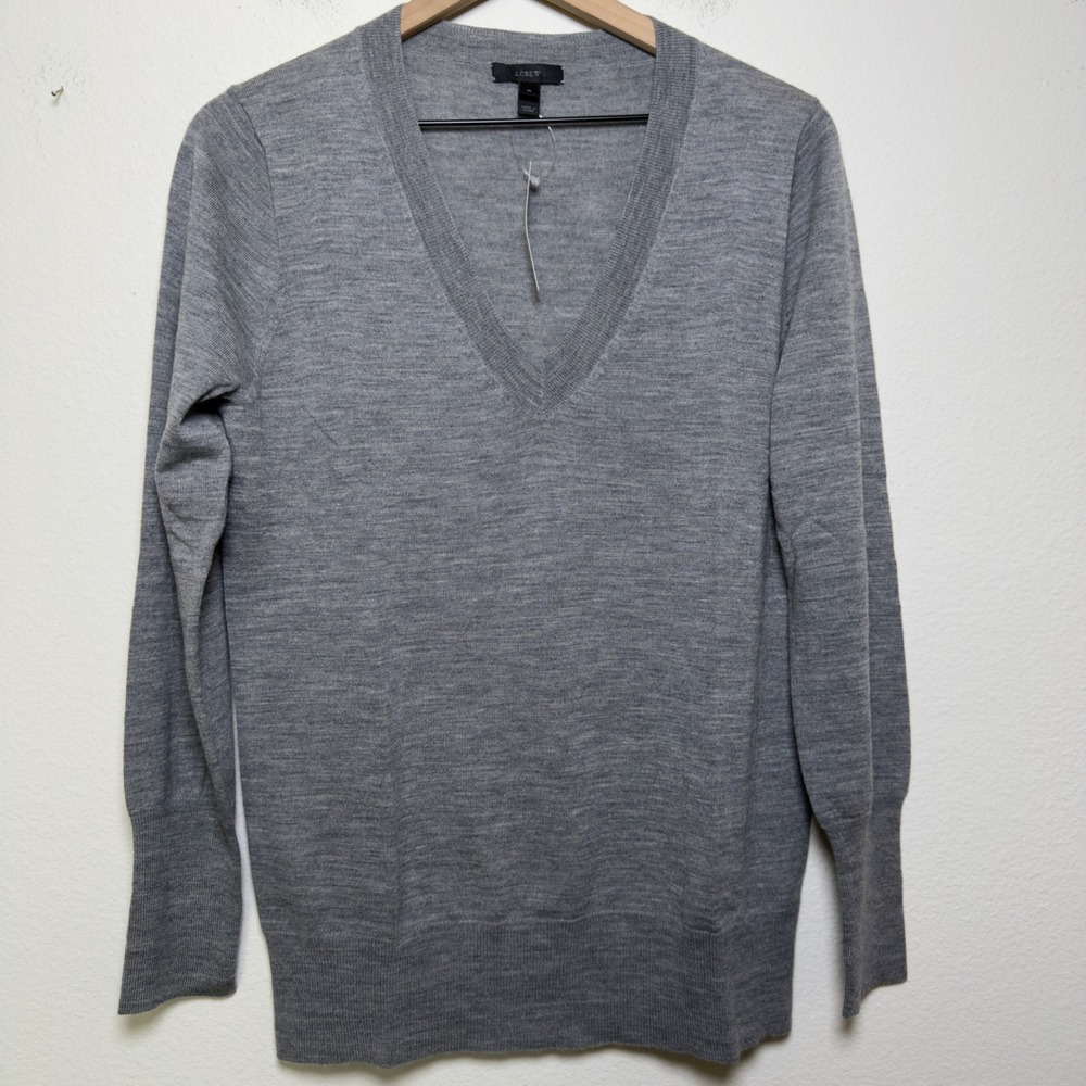NEW J. Crew Women 100% Merino Wool Sweater XL Gray V-Neck Long Sleeve 46164 HGR